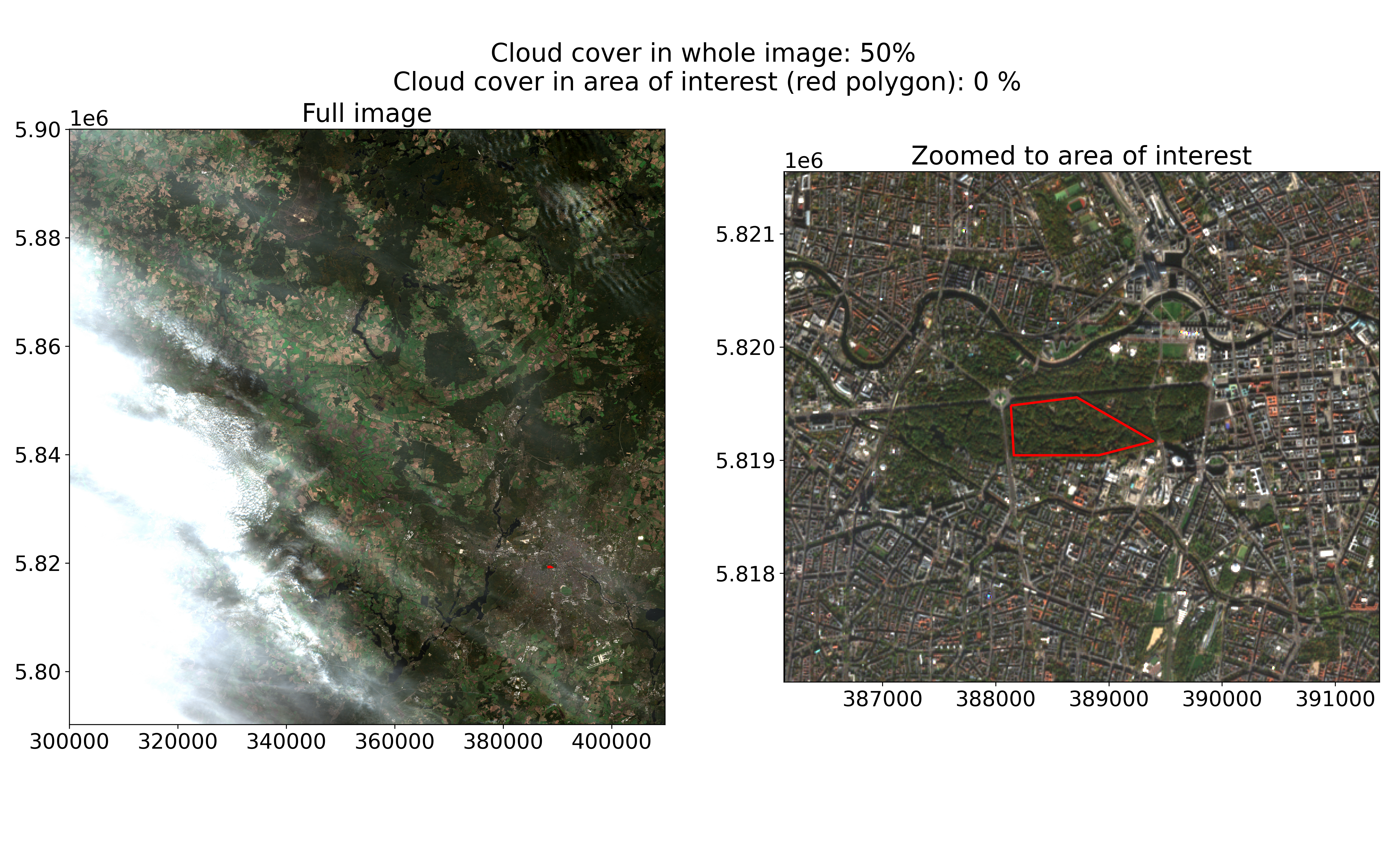 An image showing strong cloud cover in the whole image but no clouds in the area of interest